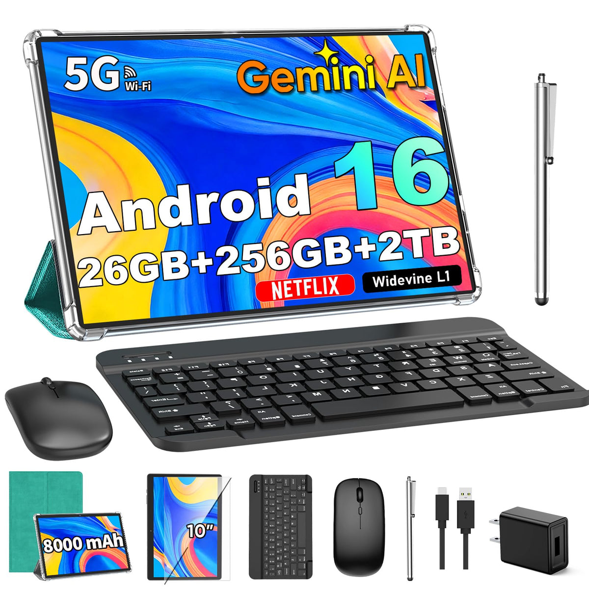Gemini AI Android 16 Tablet with Keyboard, 2026 10 inch Tablet（Black）