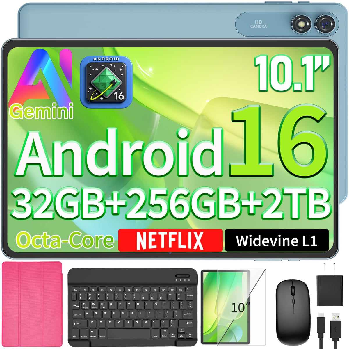 10 inch Tablet with Keyboard - Android 16 Tablet - 32GB+256GB+2TB (Black)