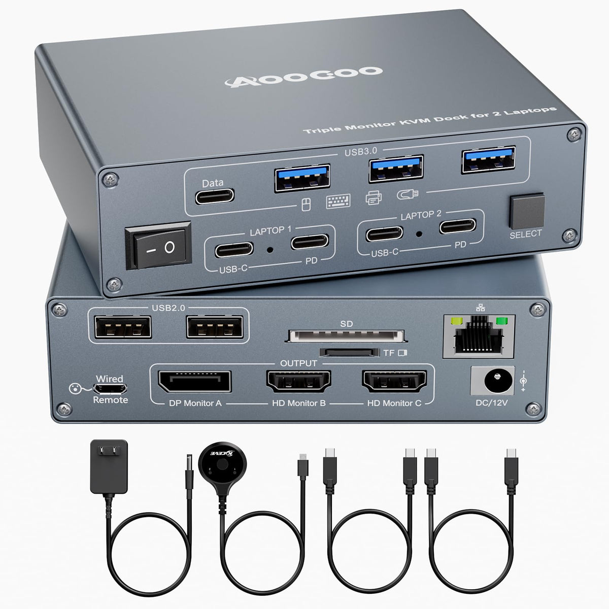 KVM Switch 3 Monitors 2 Laptops 4K@60Hz,USB C KVM Switch Docking Station for Windows Mac,with PD 100W,SD/TF,1G Ethernet, Wired Remote Control and USB C Cables