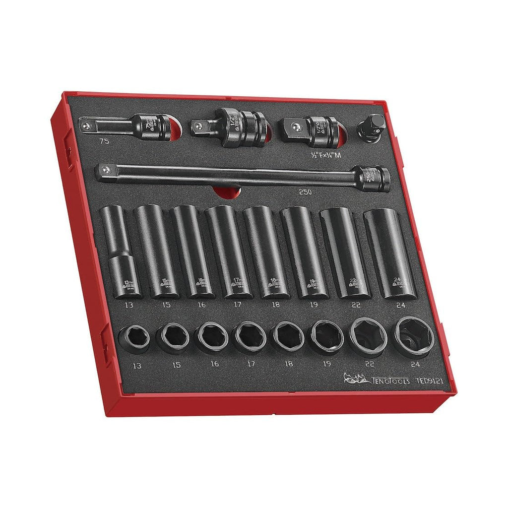 Teng Tools 1/2 Drive Impact Socket Set ANSI 21 Piece Metric - TED9121