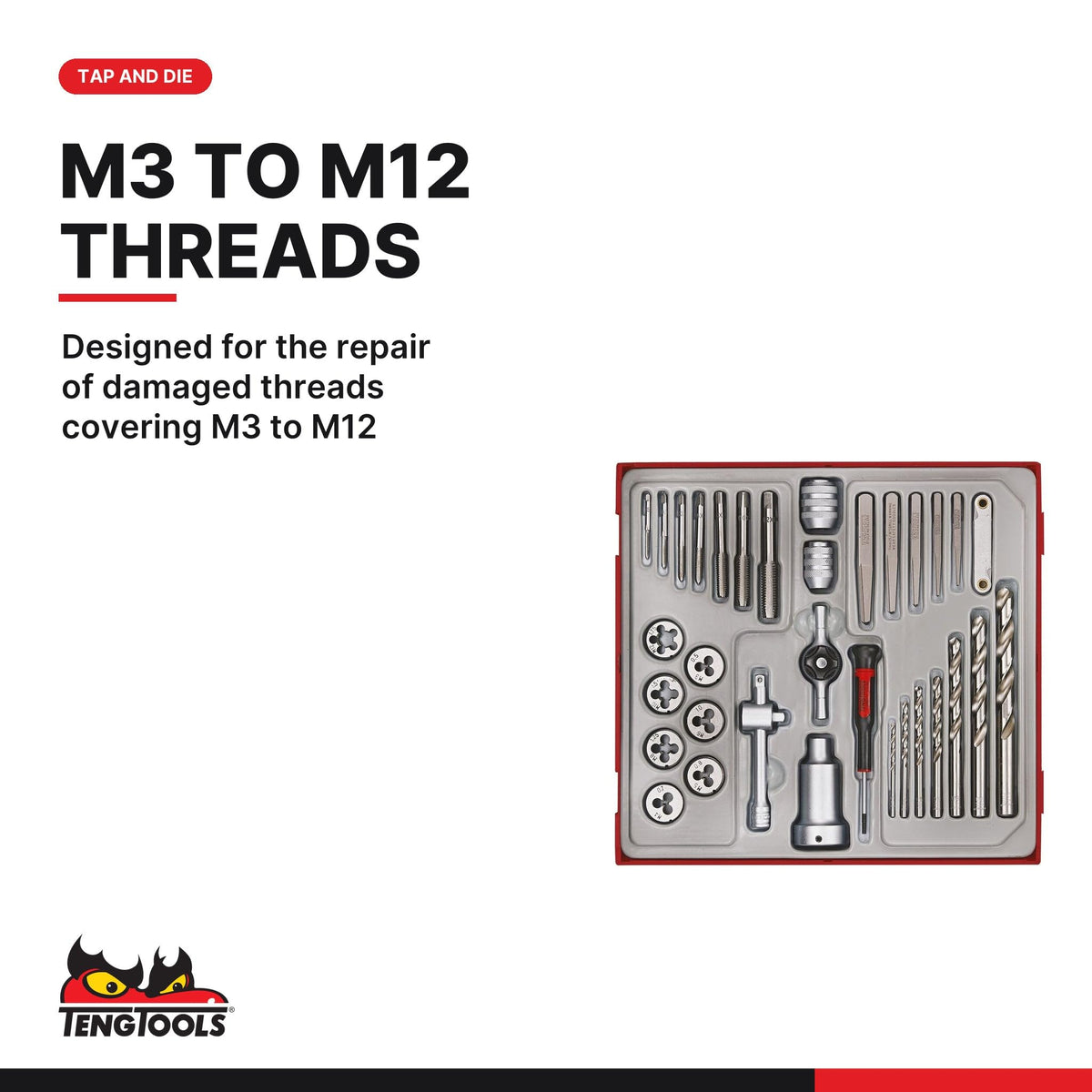 Teng Tools 34-Piece Metric Tap and Die Set M3-M12 TT2 Tray - TTDTD34
