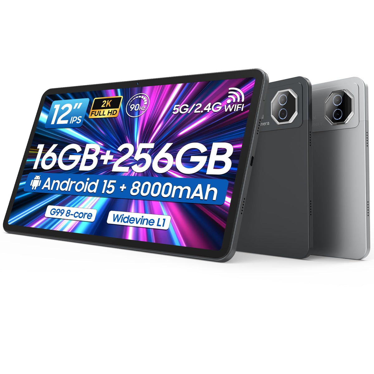Tablet 12 inch Large Screen, Android 15 Tablet 16GB RAM 256GB ROM, 2K 2000x1200 Incell Widevine L1 Display, Gaming Tablets with Helio G99 Octa-core, 8000mAh 18W Fast Charge Tablets, AI Support, GPS