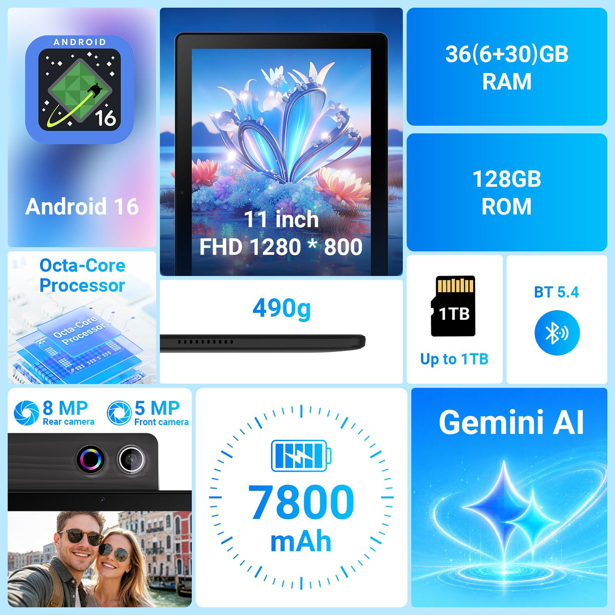 Tablet,11" Android 16 Tablet Octa-core 36GB+128GB Gemini AI