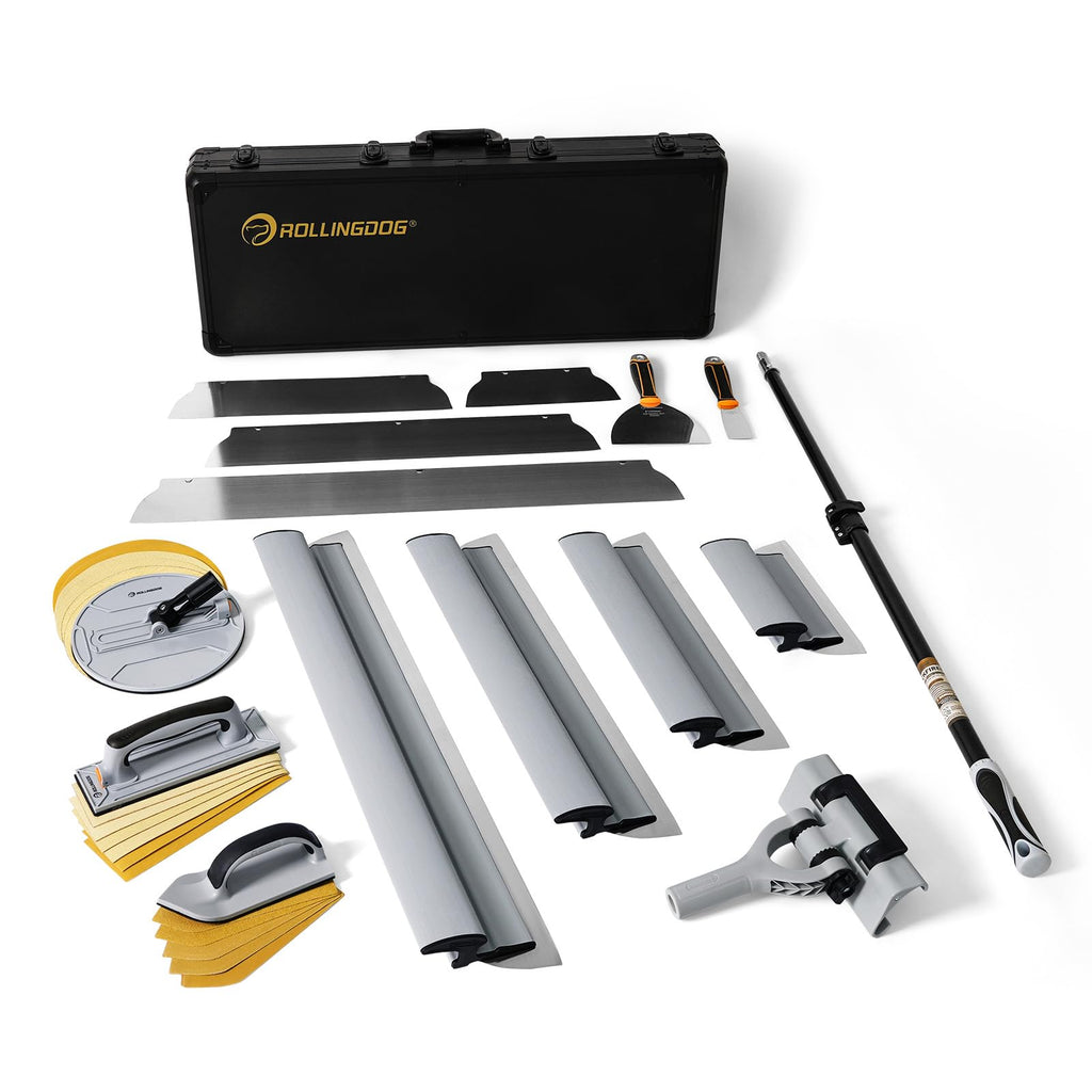 ROLLINGDOG Skimming Blade Set with Case - 4PC Skimming Blades with Adjustable Extension Pole Adapter,Extension Pole,Putty Knives,Detail Sander, Radial Wall Sander and Rectangular Sander, 50530