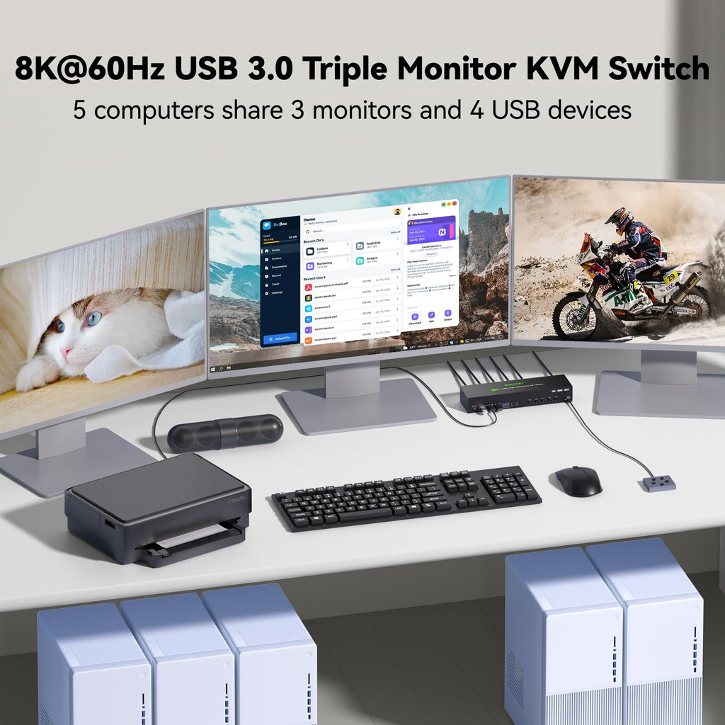 KVM Switch 3 Monitors 5 Computers HDMI + DisplayPort, 8K@30Hz/4k@144Hz Three Monitor KVM Switcher, Triple Monitor KVM for 5 PC, Widely Used in Education, Scientific Research, and AI Office