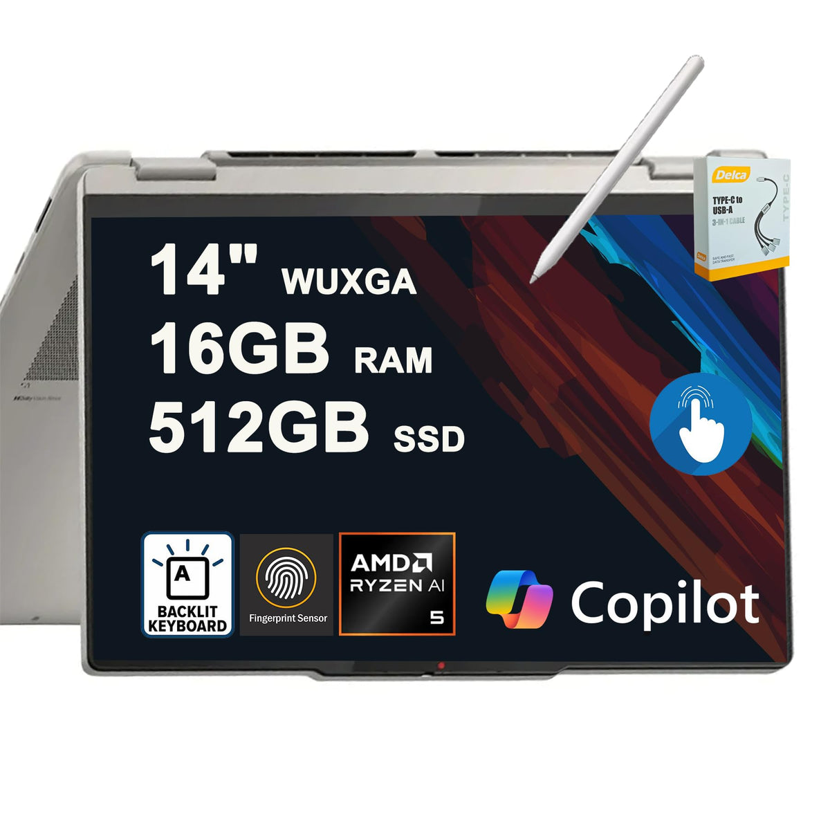 Lenovo Yoga 7 2-in-1 Laptop | 14" WUXGA OLED Touch (100% DCI-P3 600nits HDR) | AMD 6-core Ryzen AI 5 340 (Up to 50 Tops) | 16GB DDR5 512GB SSD Backlit Fingerprint Wi-Fi7 w/Pen Win11 w/DLCA Accessory