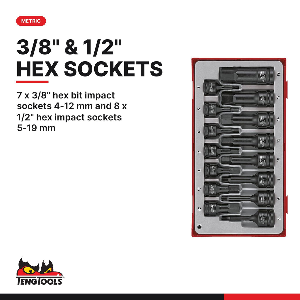 Teng Tools 15 Piece Metric Hex Bit Socket Set 3/8 & 1/2 Drive - TT9015HX