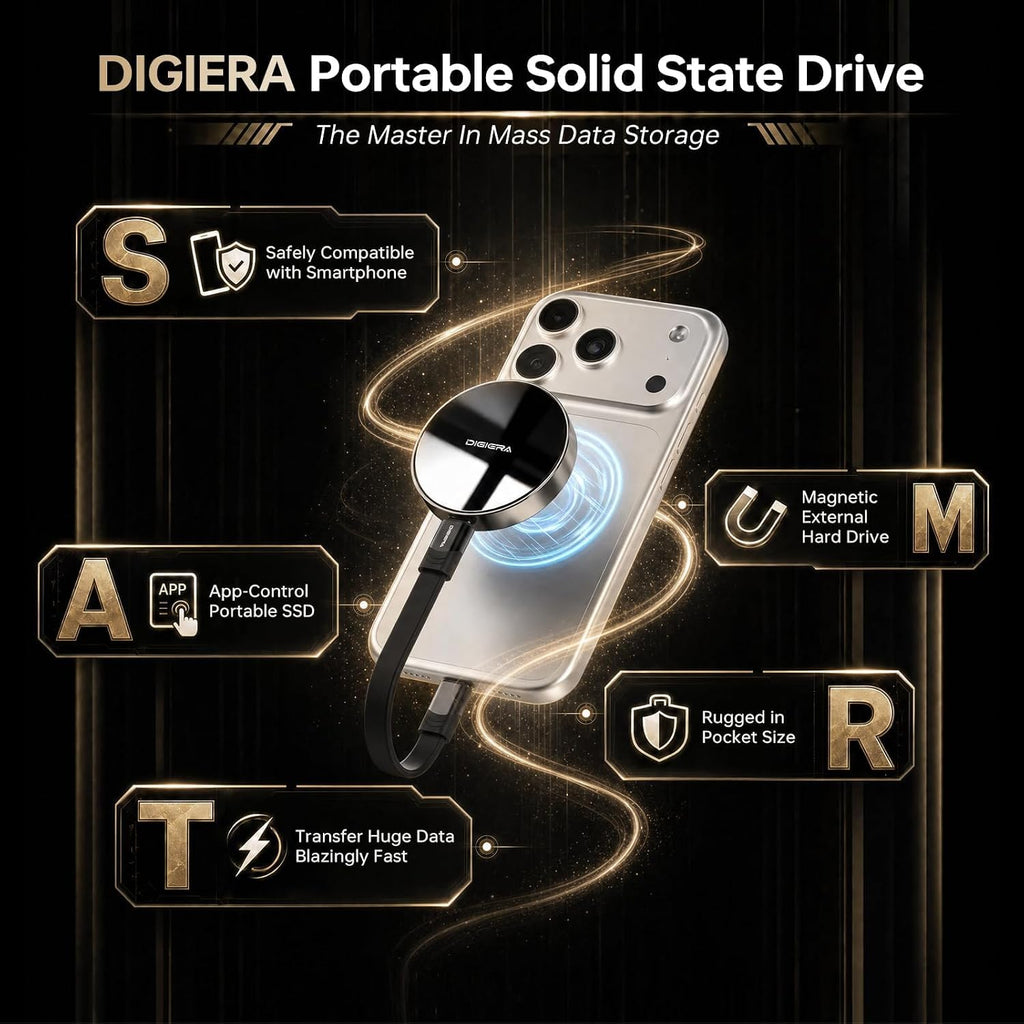 DIGIERA 1TB Magnetic External Hard Drive, Portable SSD with USB-C 3.2 Gen 2x2 Max Speed 550MB/s, Compact Durable External Solid State Drive Compatible with iPhone 15/16/17/18 & USB-C Devices, Black