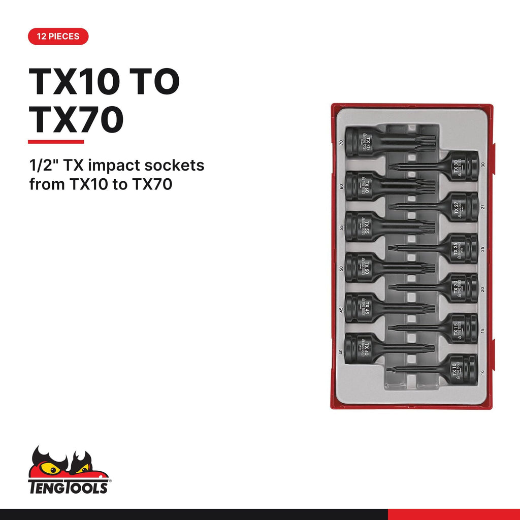 Teng Tools 1/2 Inch Drive TX Impact Socket Set 12 Piece DIN - TT9212TX