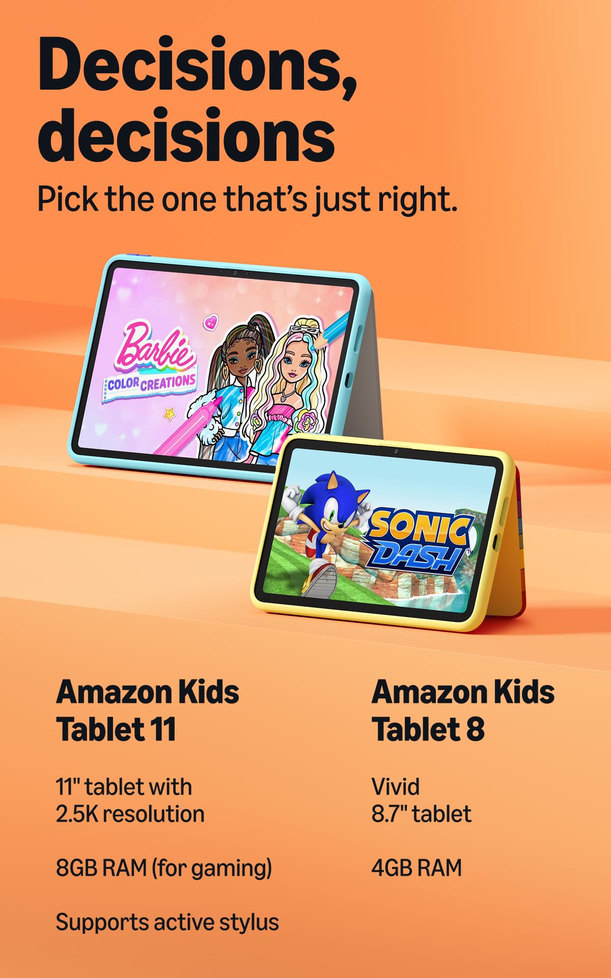 Amazon Kids Tablet 11 (newest model), Ages 6-12, 11" 2.5K display, 8GB RAM, Includes 1-year Kids+ content subscription, Parental controls, and Stellar Swirl slim hard case