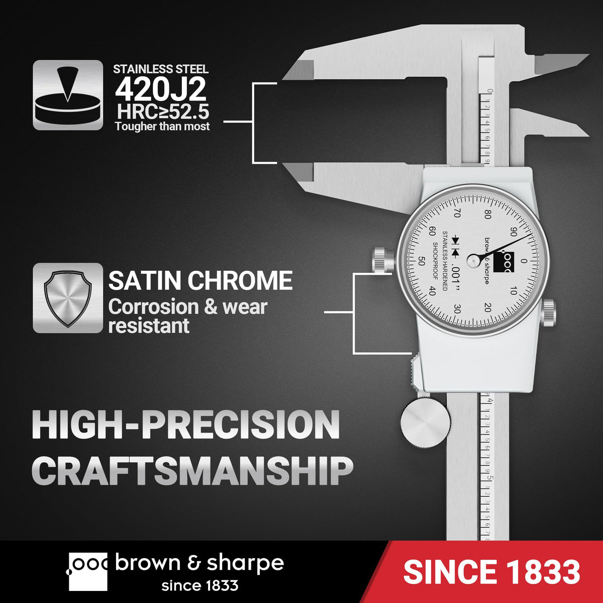TESA Brown & Sharpe 599-579-8-1 Stainless Steel Dial Caliper, White Face, 0"-8" Range, +/-0.001" Accuracy, 0.001" Resolution, Meets DIN 862 Specifications