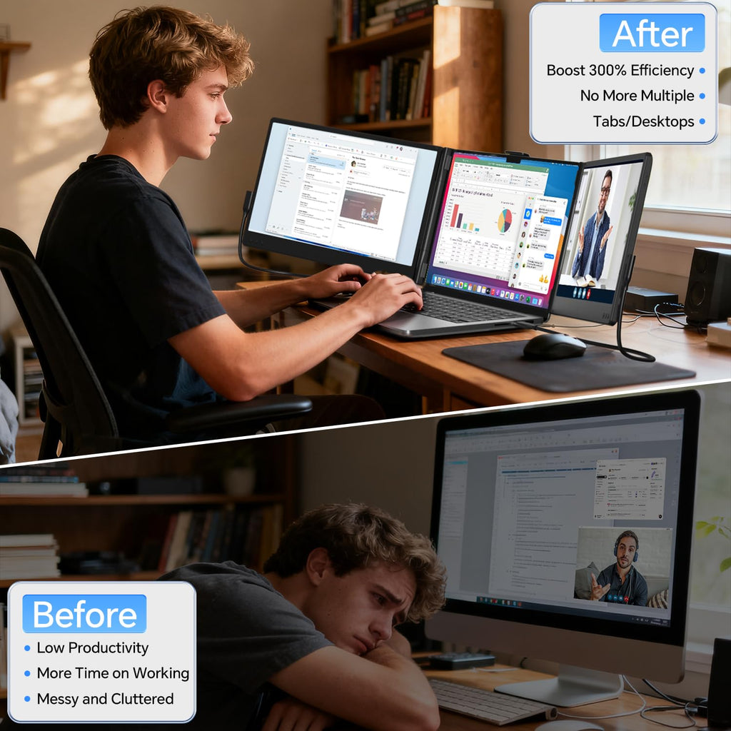 Laptop Screen Extender, 14" Ultra-Slim Triple Portable Monitor, 1080P FHD IPS Display, USB-C/HDMI Plug & Play, Monitor Extender for 13-17.3" Laptops, Mac/Windows/Chrome