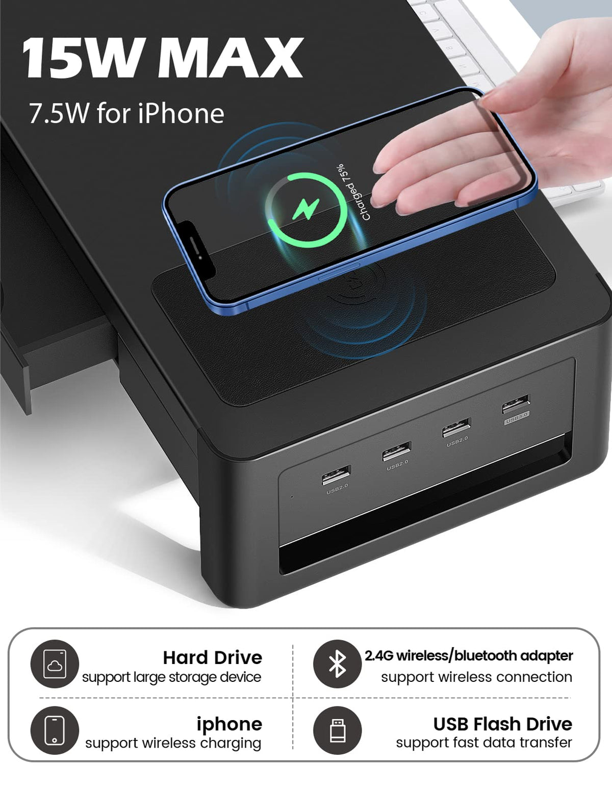 Dual Monitor Stand Riser with 2 Drawers,4 USB Ports and Charging Pad,Metal Monitor Stand for 2 Monitors Supports Transfer Data and Charging,Desk Organizer for PC,iMac(38.7 inches)