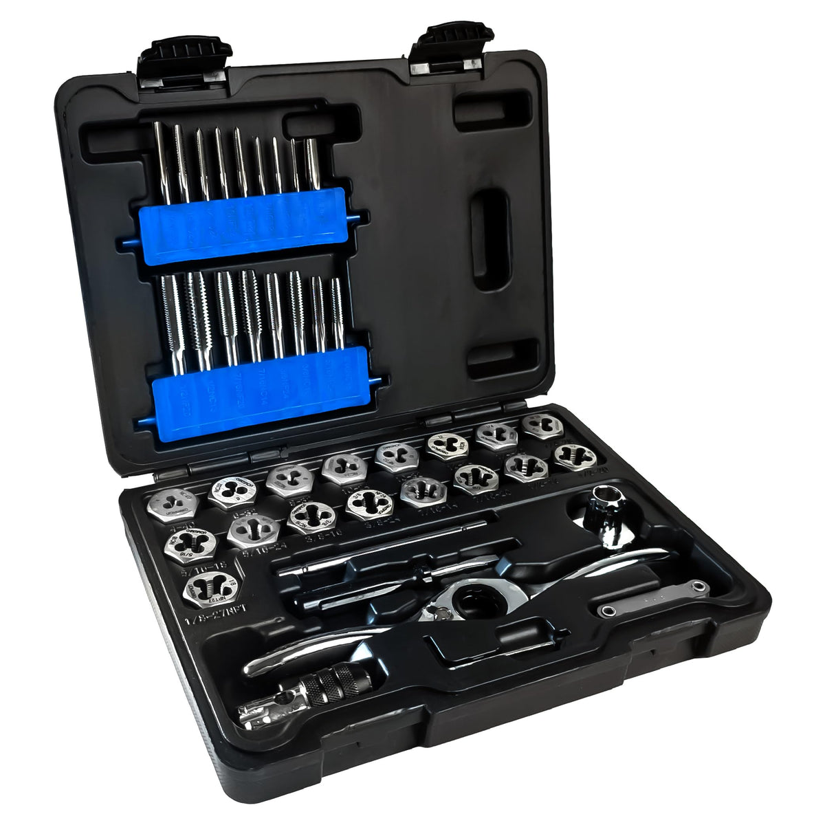Champion Cutting Tool 40-Piece Tap and Die Set, UNC/UNF SAE Sizes with Ratcheting Wrench, High Speed Plug Taps and Hex Dies for Metalworking, Automotive, Construction, Part# CS40P-A