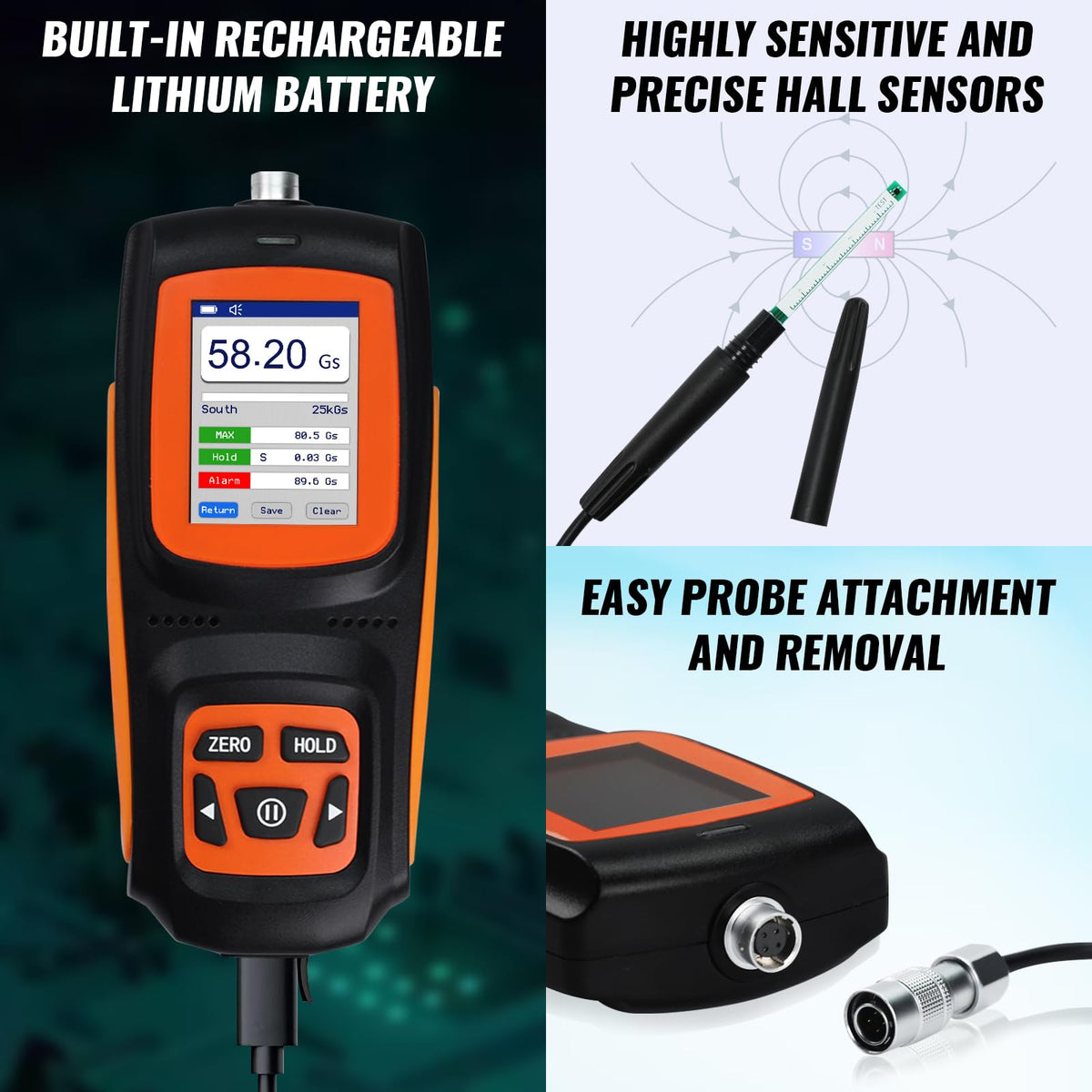 Gauss Meter, ±2% Accuracy Magnetometer, High Precision Industrial 0-2500mT Tesla Meter, Rechargeable Gaussmeter with Hall Probe, EMI & Surface Magnetic Field Tester, Data Storage