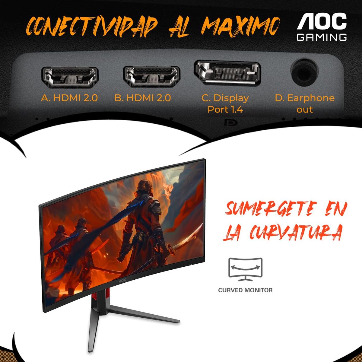 AOC 27 Inch Curved Gaming Monitor FHD 200Hz VA 0.3ms HDR, C27G4H2