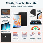 JUSYEA Tablet 10 Inch Android, 12GB+128GB+1TB TF, Family Edition, 5G+2.4G WiFi, 2.0GHz Dual-Core Processor, BT 5.0, 6000mAh Battery, 8MP+5MP Cameras, Includes EVA Case-Black
