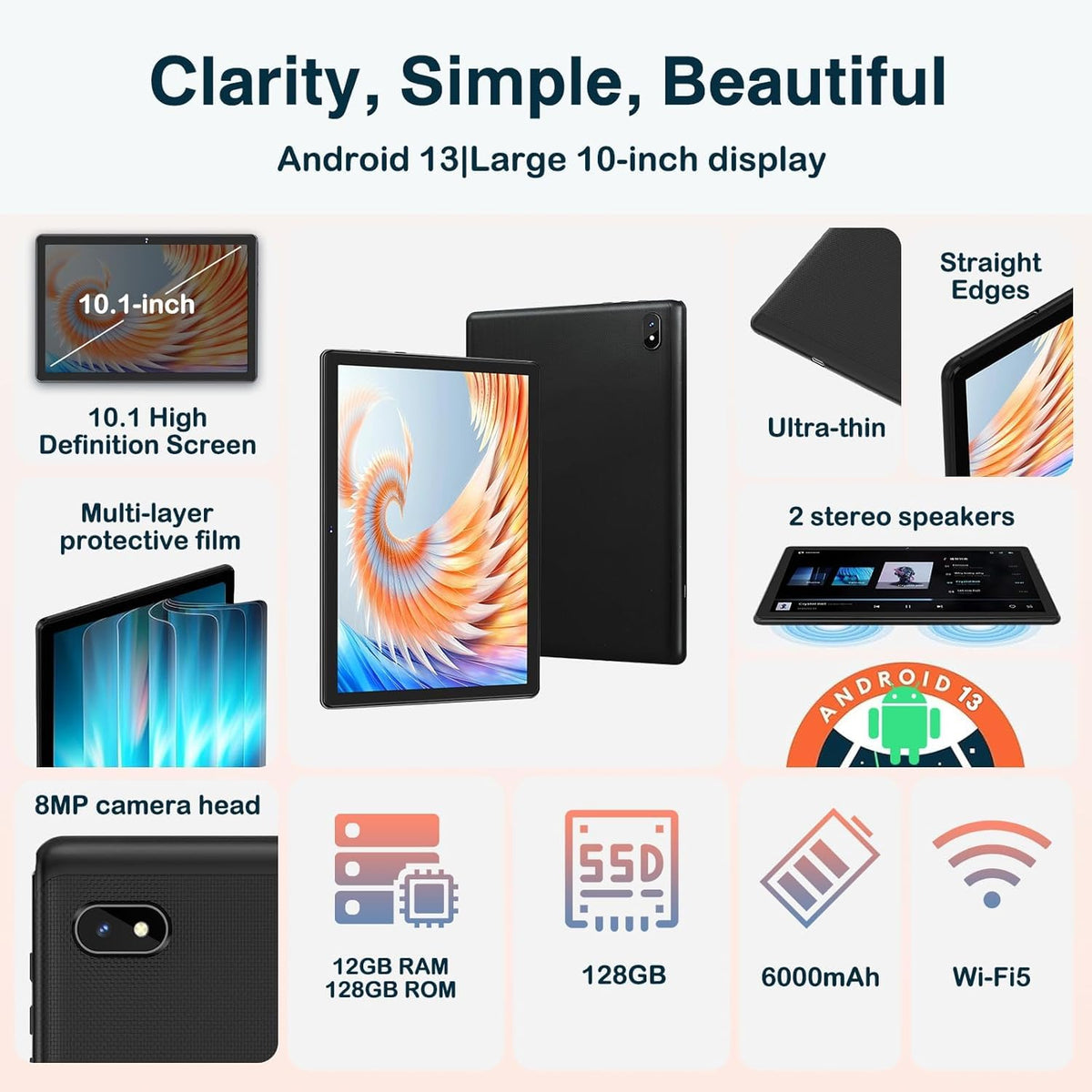 JUSYEA Tablet 10 Inch Android, 12GB+128GB+1TB TF, Family Edition, 5G+2.4G WiFi, 2.0GHz Dual-Core Processor, BT 5.0, 6000mAh Battery, 8MP+5MP Cameras, Includes EVA Case-Black