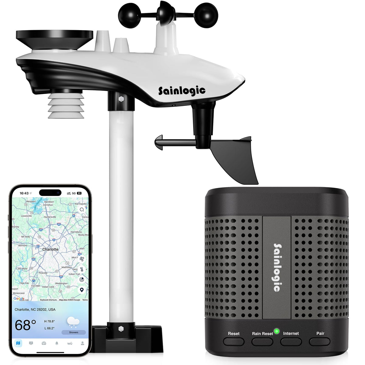 Sainlogic SA7 WiFi Weather Station, Wireless Indoor Outdoor Thermometer with Weatherseed® AI 24H/7D Local Forecast, 2-Year Data Storage (No Screen, Only 2.4G Network)