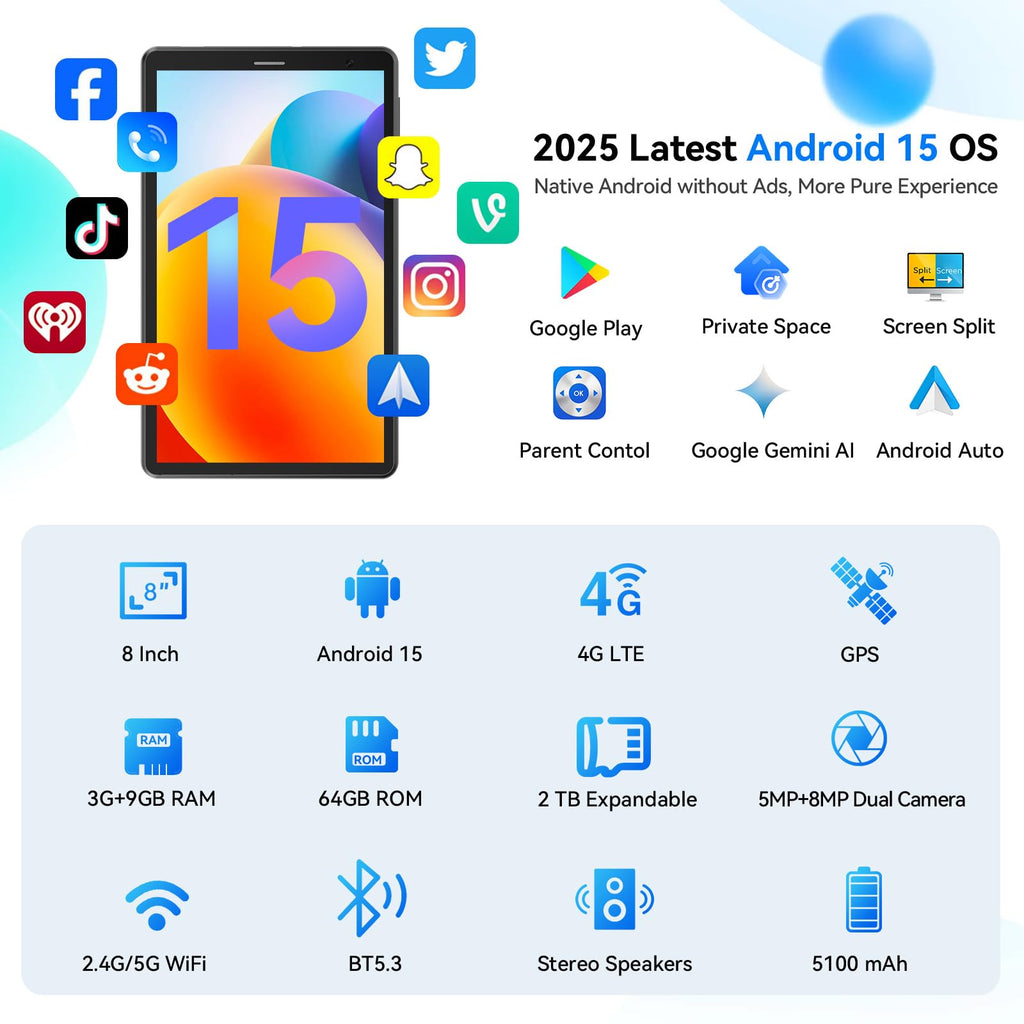 8 Inch Tablet Android 15 Tablet with Sim Card Slot Uncloked Cellular Phone with 4G LTE Octa Core 12GB RAM 64GB ROM 2TB TF Expandable Tableta with Case