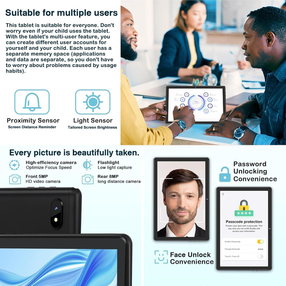 JUSYEA Tablet 10 Inch Android, 12GB+128GB+1TB TF, Family Edition, 5G+2.4G WiFi, 2.0GHz Dual-Core Processor, BT 5.0, 6000mAh Battery, 8MP+5MP Cameras, Includes EVA Case-Black