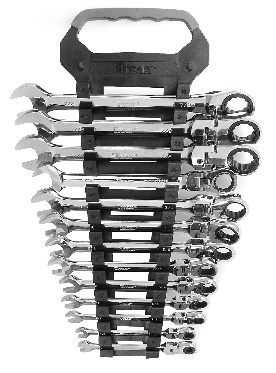 Titan 17366 13-Piece 12 Point 72 Tooth SAE Flex Head Ratcheting Combination Wrench Set