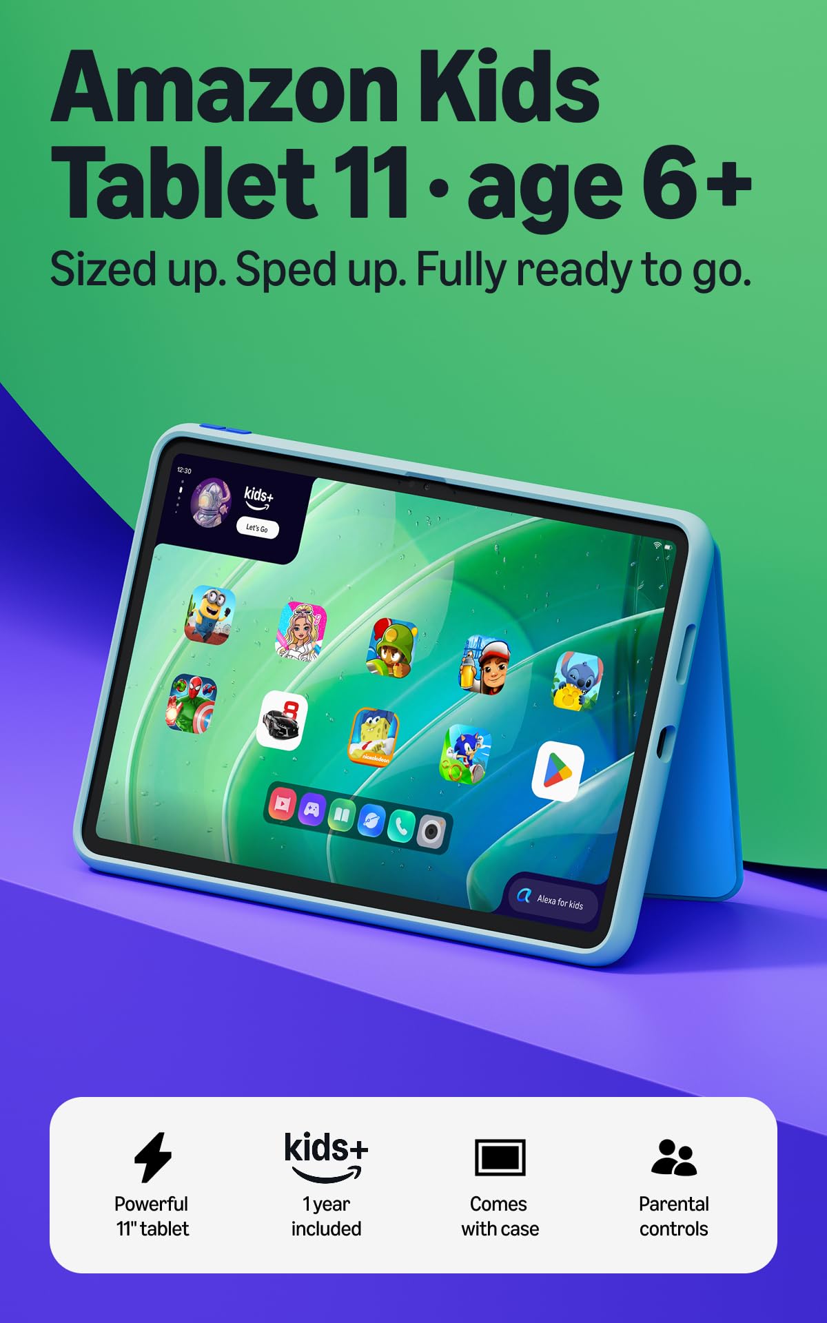 Amazon Kids Tablet 11 (newest model), Ages 6-12, 11" 2.5K display, 8GB RAM, Includes 1-year Kids+ content subscription, Parental controls, and Stellar Swirl slim hard case