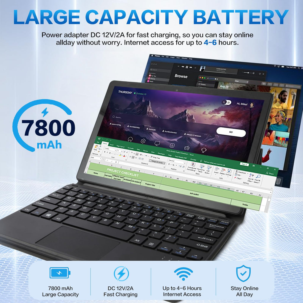 10.1" 2-in-1 Windows Tablet / Laptop, IPS Touchscreen,12GB RAM 128GBSSD