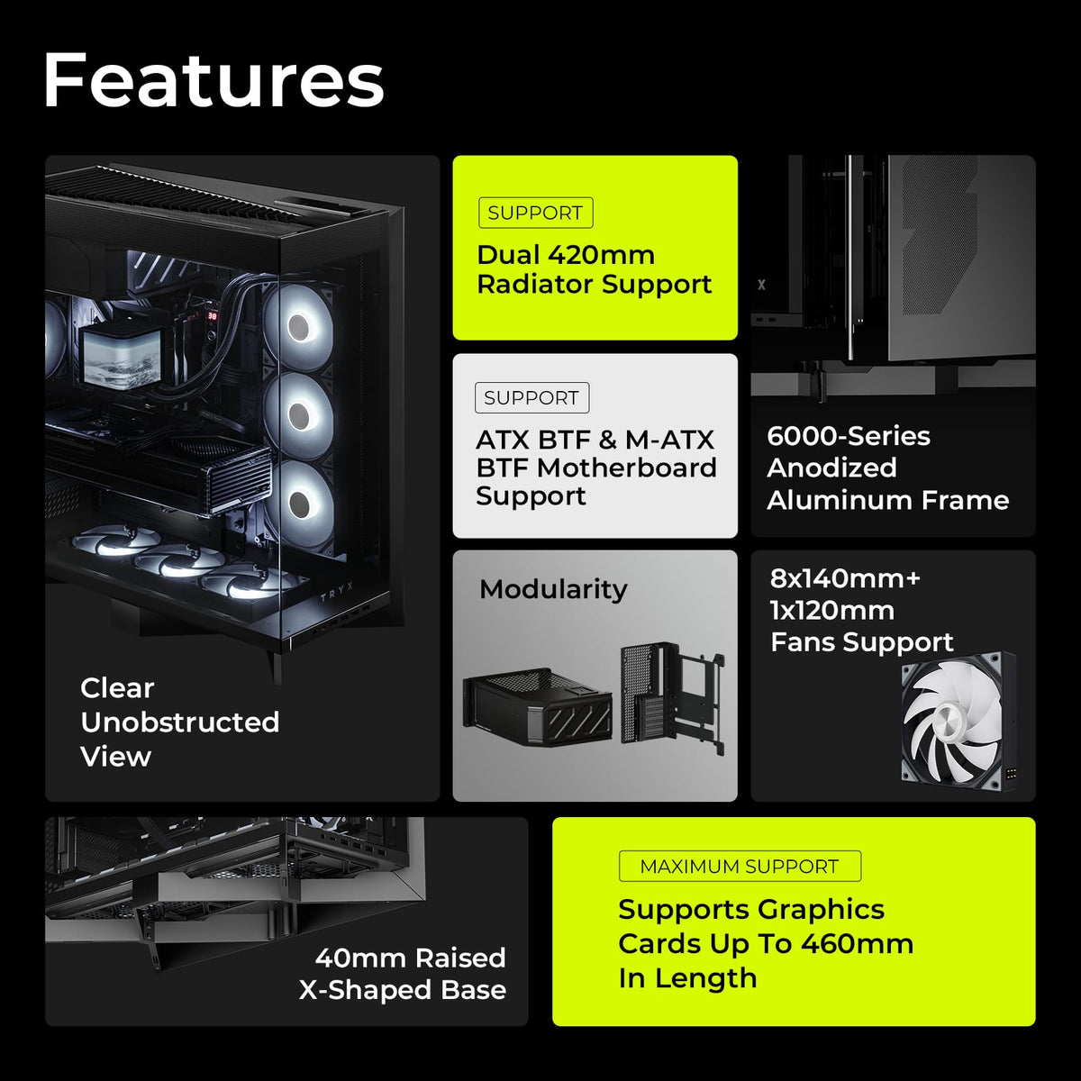 TRYX Luca L70 ATX PC Case Panoramic Glass with Front Panel ATX Case Dual Chamber High Modularity 6000-Series Anodized Aluminum Frame Computer Case 420mm Radiator Support USB 3.2 Type-C I/O Panel