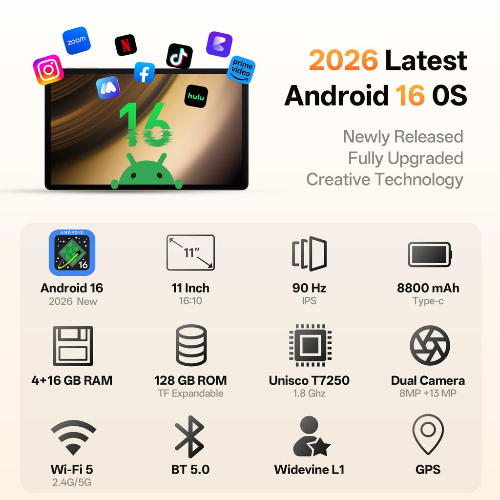 Android 16 Tablet 11 Inch, Octa-core 20GB RAM + 128GB ROM 1TB Expand, Gray