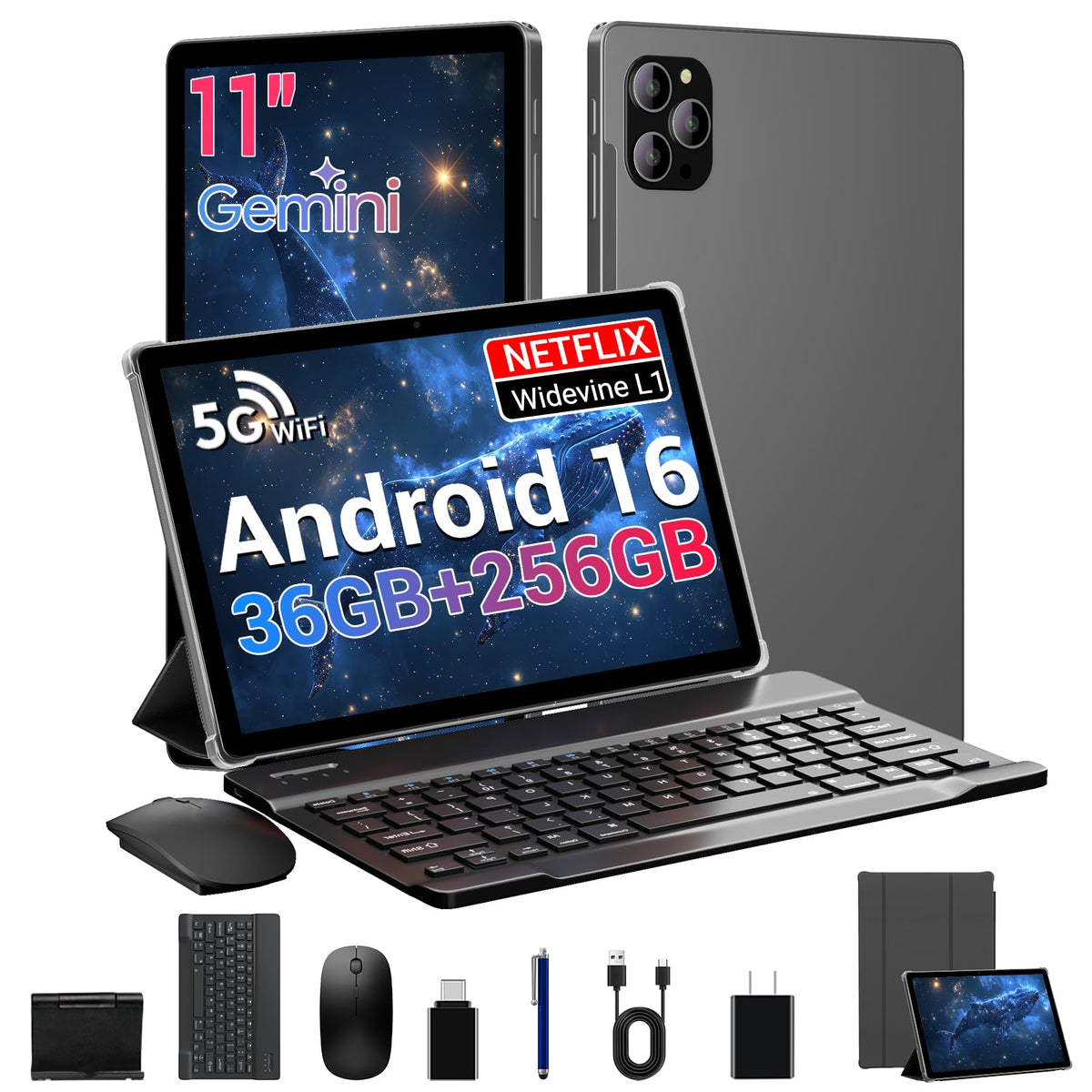 Tablet 14 Inch Android 16 Tablets, 2000*1200 IPS Display Tablets, 256GB Storage (Expand to 2TB) + 36GB,11580 mAh 18W PD Fast Charger, 8 Core CPU,4 Speakers, 5G WiFi, 8+13MP, Tablet with Case - Black