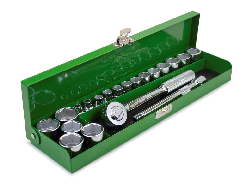 SK Tools USA 3/8" Drive, 20 Piece, 6 Point, Standard Metric Chrome Socket Set in Classic Metal Box: 7MM - 24MM | 94521