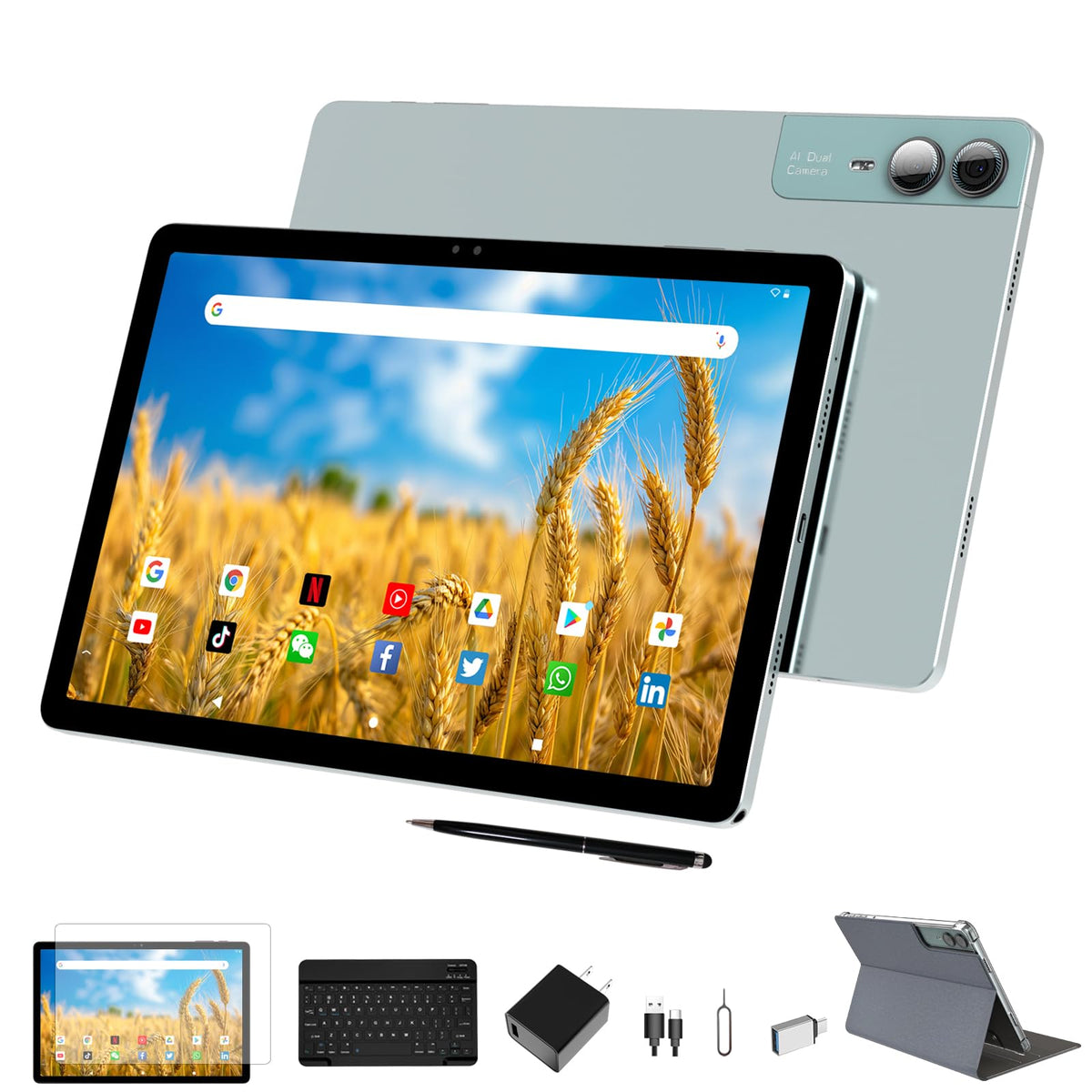 2026 Gemini AI 11 inch Android Tablet 2000 * 1200 2K Display 2 in 1 Tablets, T616, 18GB RAM+128GB ROM+1TB Expand, 5+5+13MP Camera, 9000mAh, 4 Speakers, 5G WiFi, Tablet With Keyboard, Stylus, Case