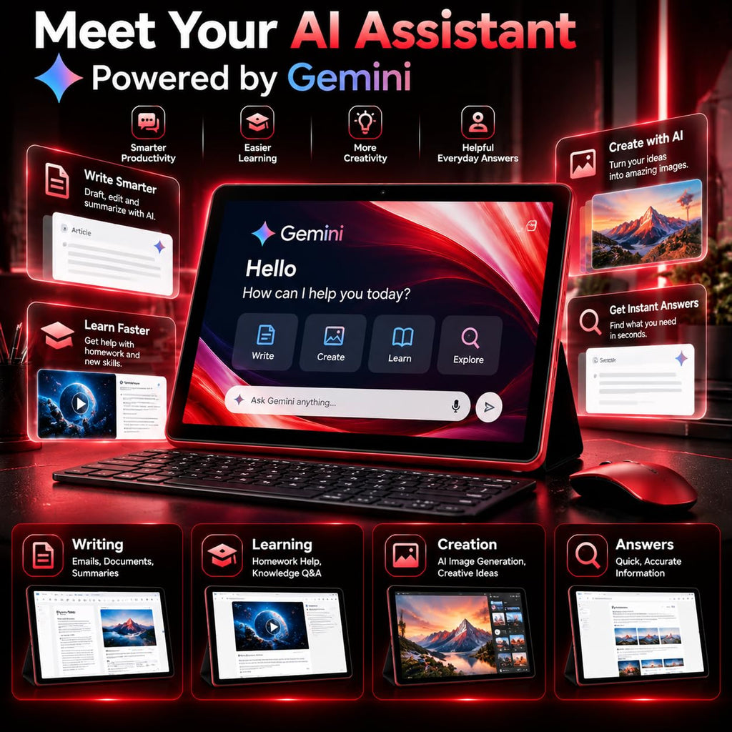 11 Inch Android Tablet, Incell IPS Display, GMS Certified, Gemini AI Assistant, 24GB RAM+256GB ROM, 2TB Expand, 8000mAh, Octa-Core, Keyboard & Mouse Included, Full Metal Body, 5G WiFi, BT5.0, GPS-Red