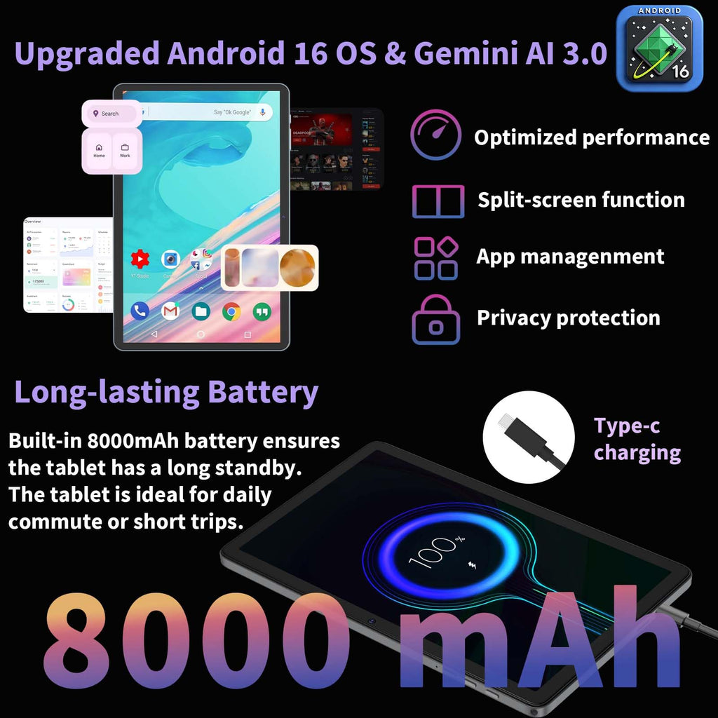 2026 Android 16 Tablet with Keyboard - 10 Inch Tablet with Gemini AI(Black)