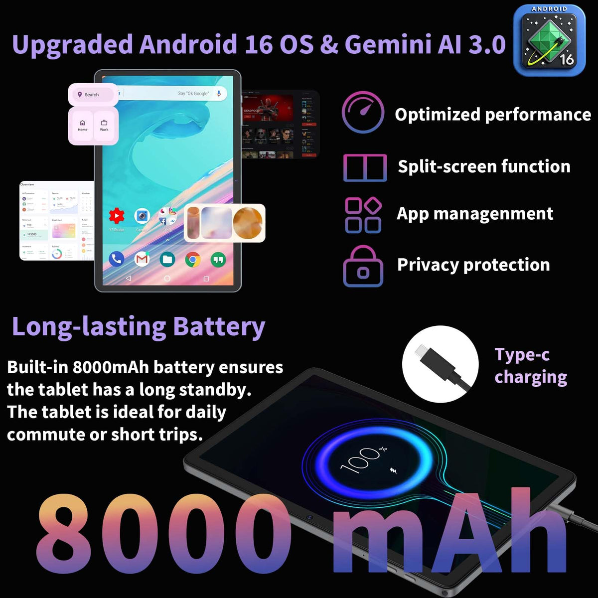 2026 Android 16 Tablet with Keyboard - 10 Inch Tablet with Gemini AI(Black)
