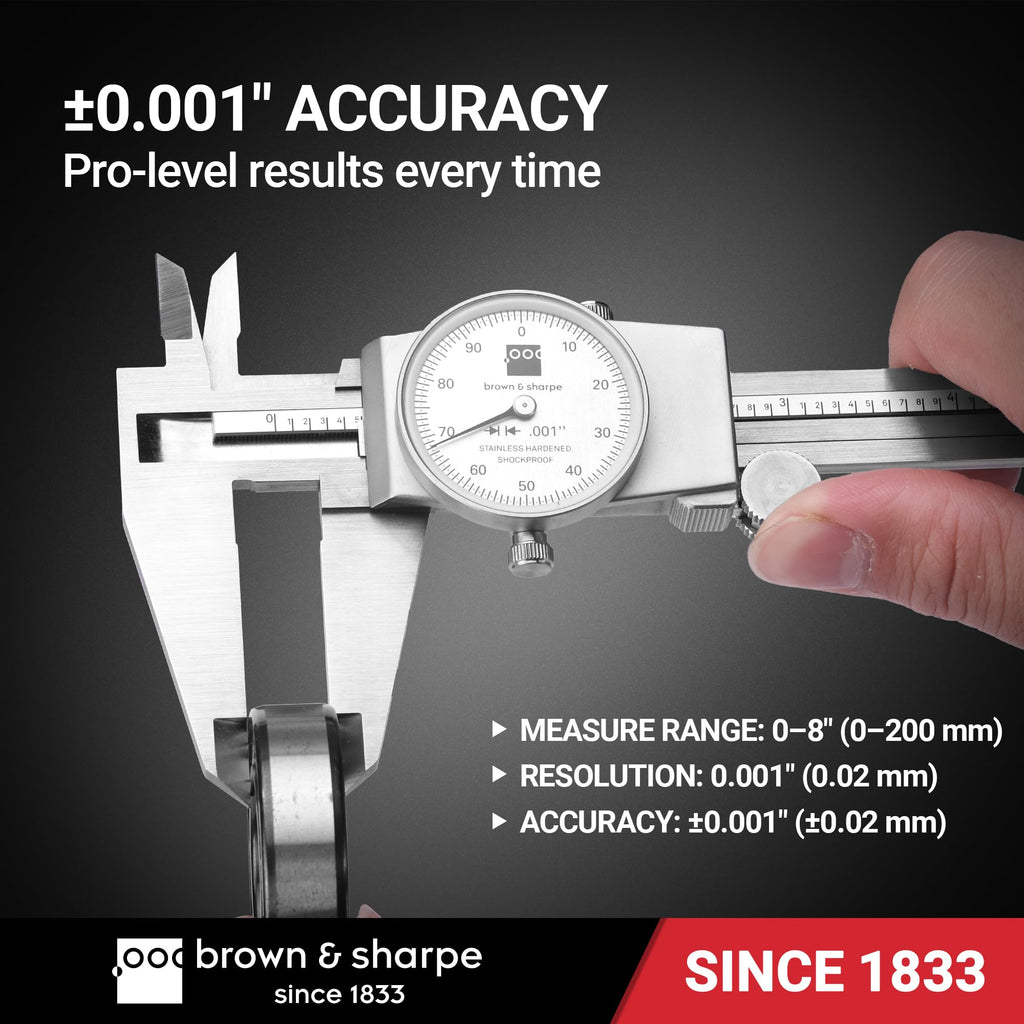 TESA Brown & Sharpe 599-579-8-1 Stainless Steel Dial Caliper, White Face, 0"-8" Range, +/-0.001" Accuracy, 0.001" Resolution, Meets DIN 862 Specifications