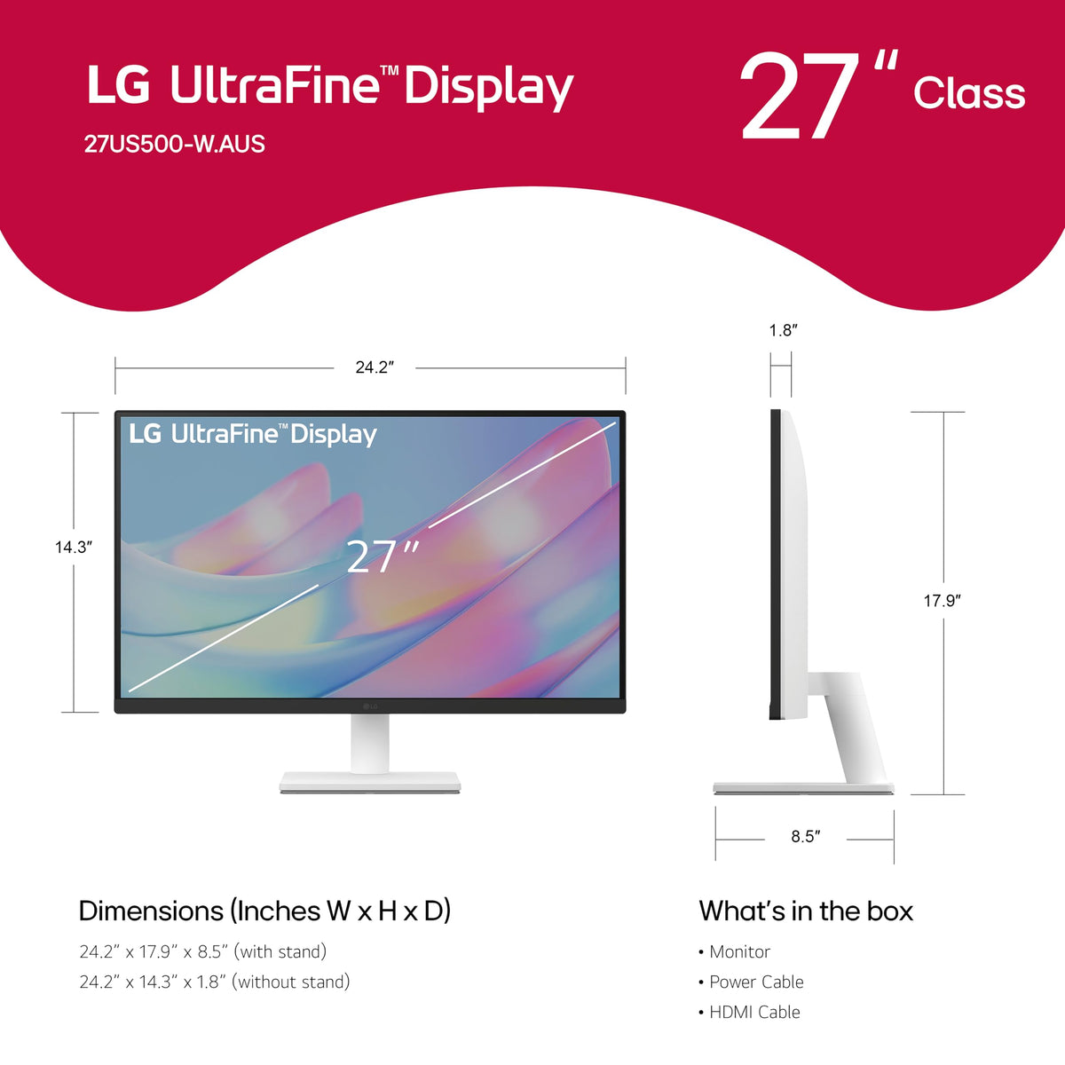LG 27US500-W Ultrafine Monitor 27-Inch 4K UHD (3840x2160) HDR10 IPS Borderless Design Reader Mode Flicker Safe Switch App HDMI DisplayPort - White