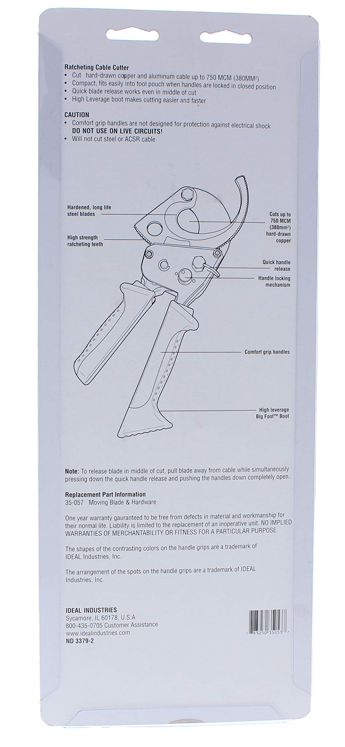 IDEAL Electrical 35-053 Ratcheting Cable Cutter 750 MCM, Wire Cutting Tool w/Steel Rounded Blade, Quick Release Handle