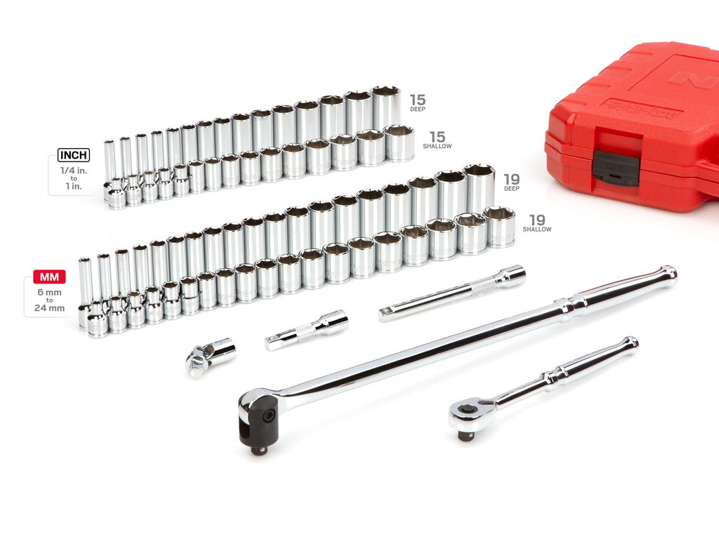 TEKTON 3/8 Inch Drive 6-Point Socket and Ratchet Set, 73-Piece (1/4-1 in., 6-24 mm) | SKT15311