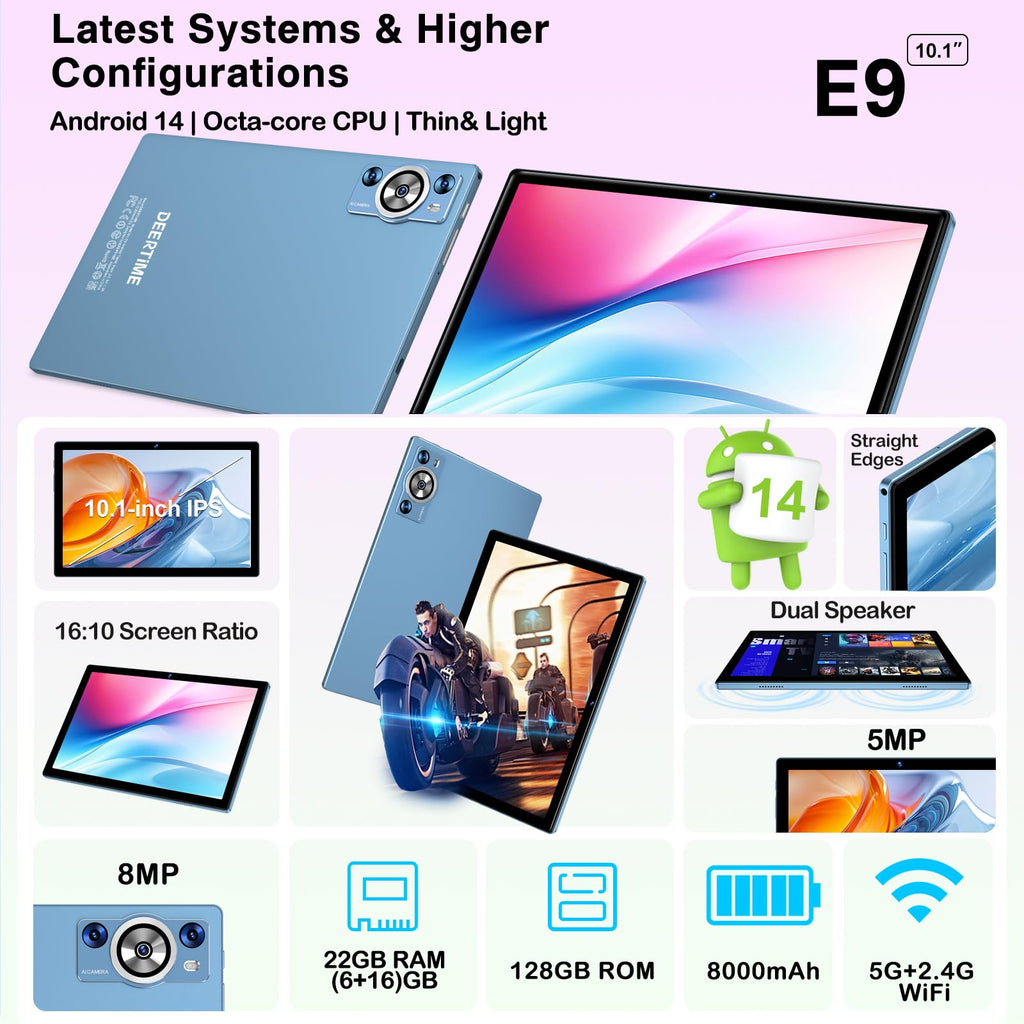 Android Tablet 22GB RAM 128GB ROM 2TB TF, 2026 Electronics Tablets 10 Inch 8000mAh with Keyboard Mouse, 2.0GHz, 5G WiFi, BT 5.0, Gemini AI, GMS Certified, Incell Display (Blue)