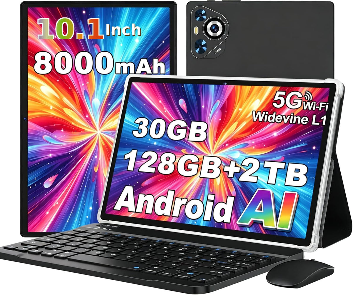 10.1 Inch Android Tablet, Full Metal Body, 30GB RAM+128GB ROM, 2TB TF Expandable, 8000mAh Battery, Incell IPS Display, 5G WiFi BT 5.0, Tablet with Keyboard & Mouse, Gray