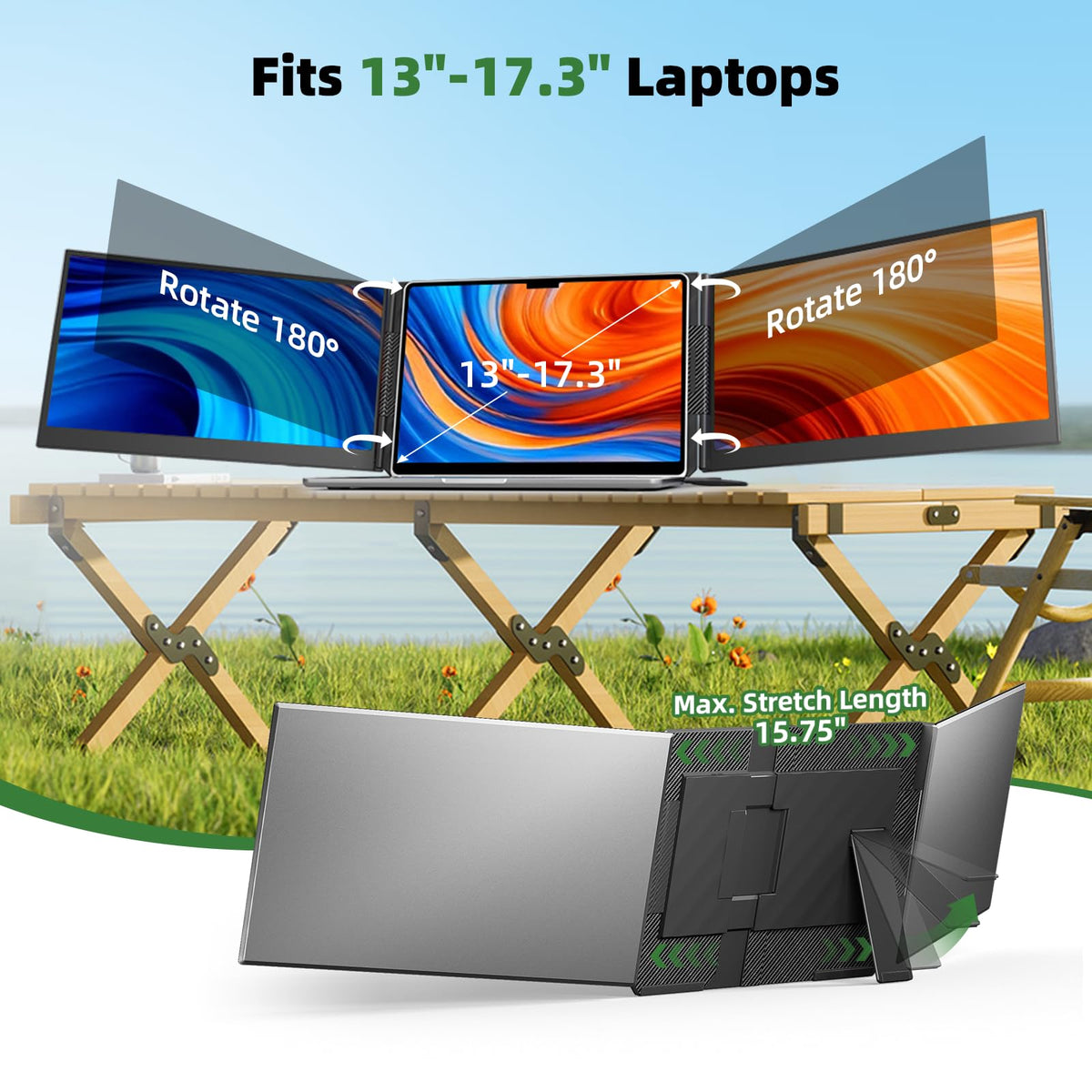 Laptop Screen Extender 15.6", IPS Plug&Play Portable Monitor for Laptop, FHD 1080P Triple Monitor Extender, Ultra-Slim Travel Extended Screen for Business Work Study