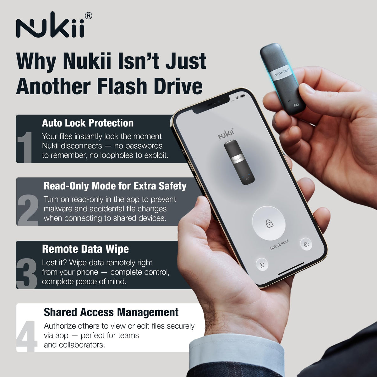 Maktar Nukii 256GB Encrypted USB-C Flash Drive, NFC Unlock, White