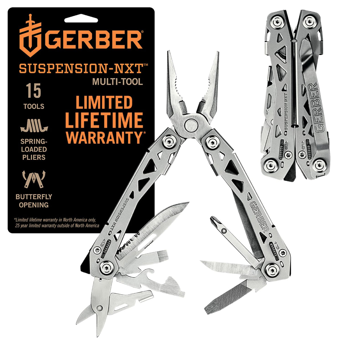 Gerber Gear Suspension-NXT 15-in-1 EDC Multi tool with Pocket Knife, Needle Nose Pliers and Wire Stripper Tools, Gifts for Men, Survival and Camping Gear, Stainless Steel (Pack of 12)