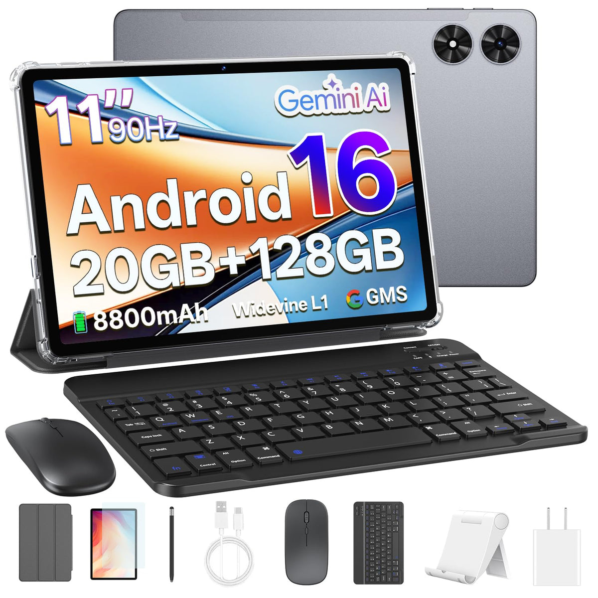 Tablet 11 inch, Android 16 Tablet with Keyboard, Mouse & Stylus, Gray