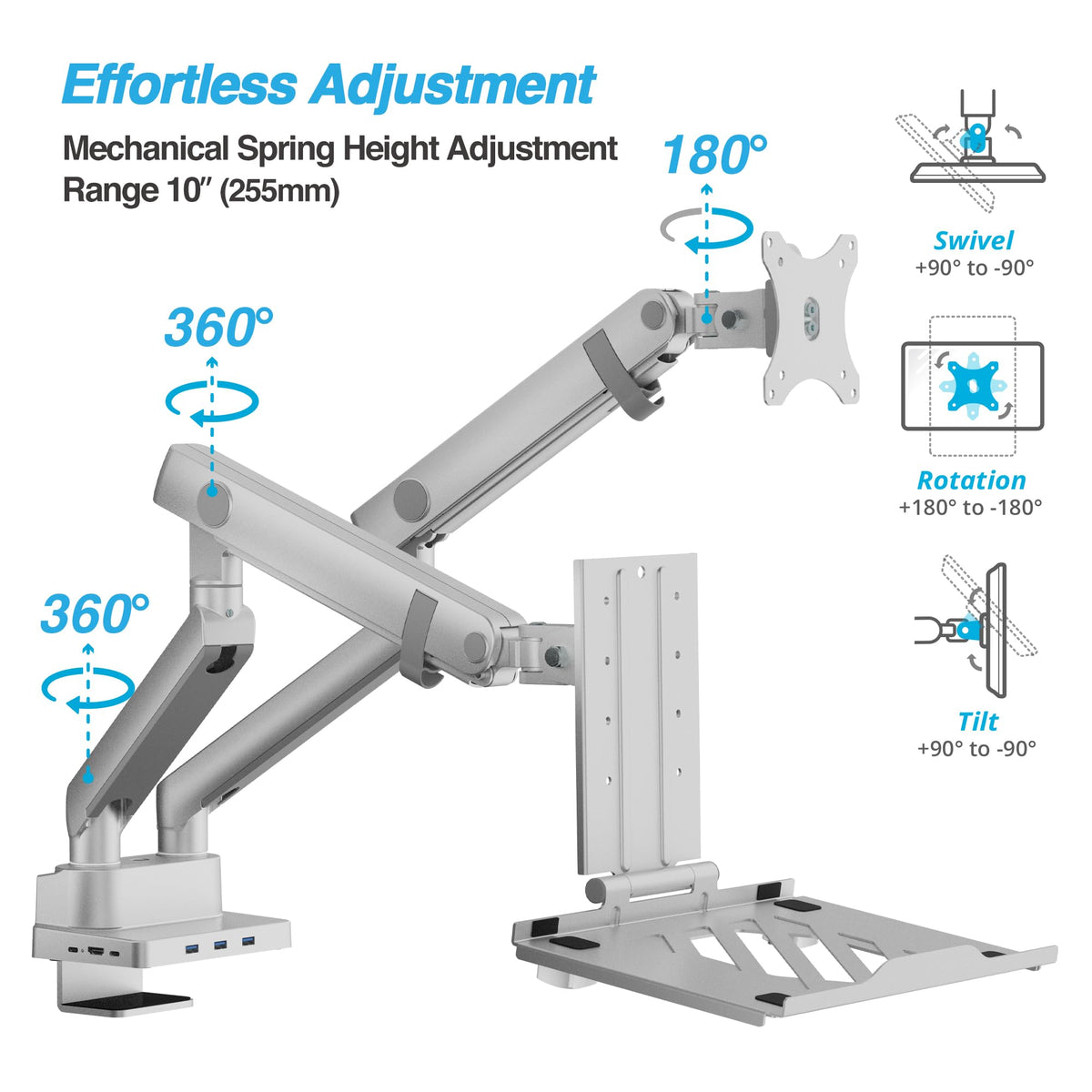 AVLT Laptop & Monitor Arm Desk Mount for 17-38" Screens, USB-C Dock - Gray