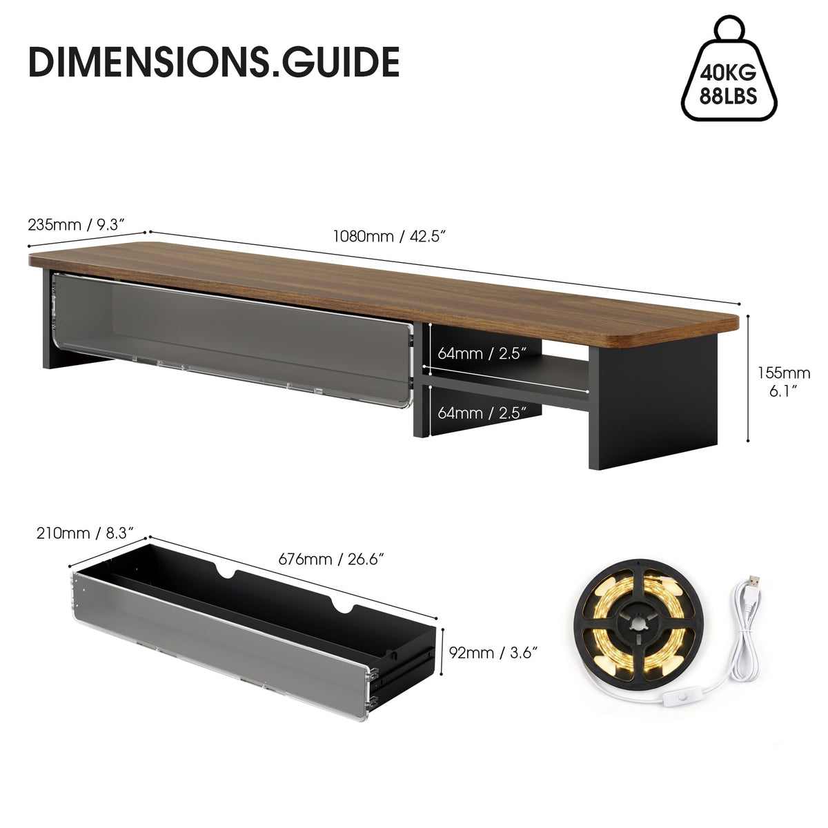 Fenge 42.5-inch Dual Monitor Stand Riser with Large Acrylic Drawer, Brown