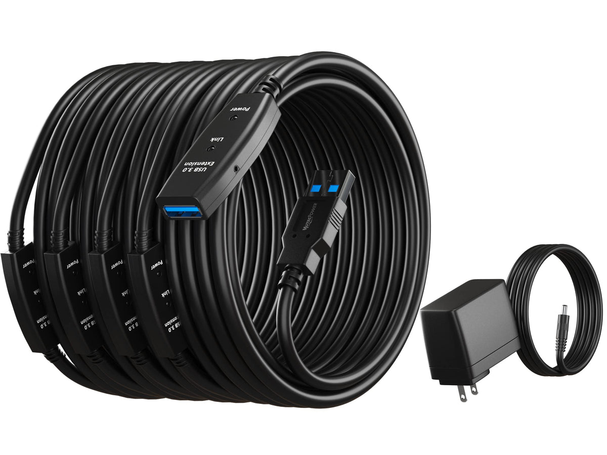 MutecPower 100 Feet Active USB Extension Cable 3.0 Male to Female with 3 Extension chipsets Signal Booster - Repeater Cord 30 Meters / 100 Feet (AC Power Supply Included)