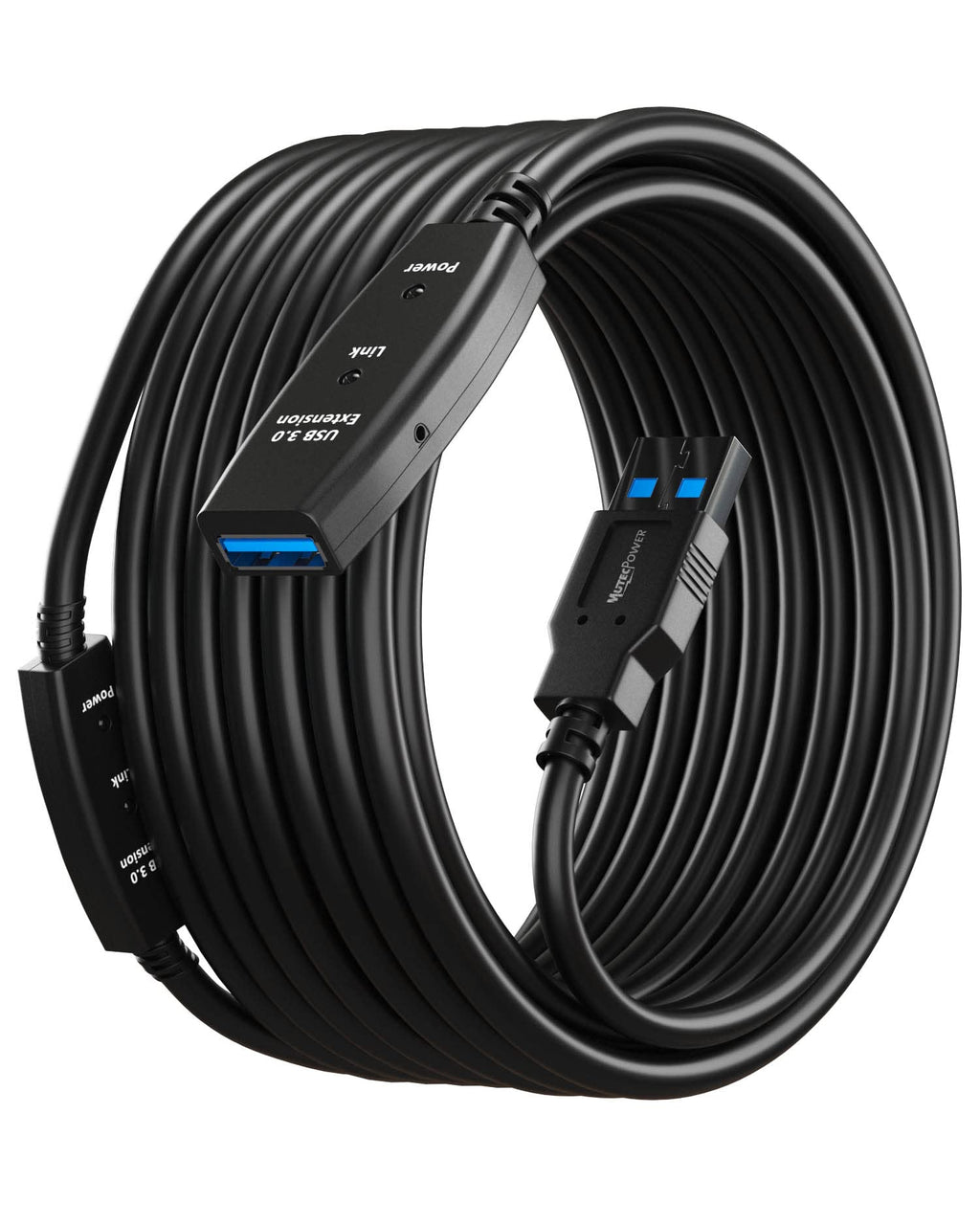 MutecPower 100 Feet Active USB Extension Cable 3.0 Male to Female with 3 Extension chipsets Signal Booster - Repeater Cord 30 Meters / 100 Feet (AC Power Supply Included)
